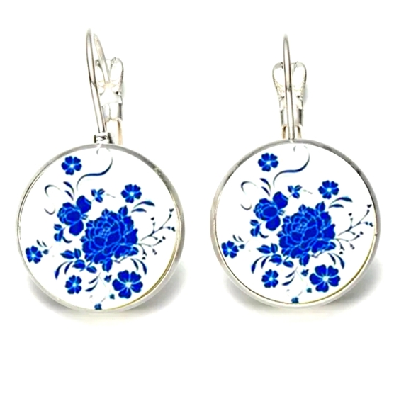 Floral Leverback Glass Cabochon Earrings - Picture 2 of 4